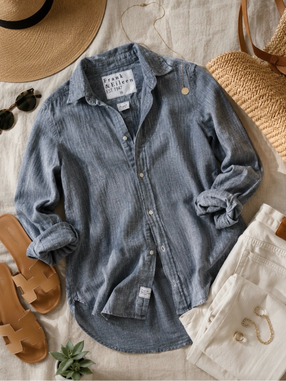 Frank & Eileen EILEEN Grayson Blue Italian Cotton Button Down coastal Shirt XS - Picture 8 of 9